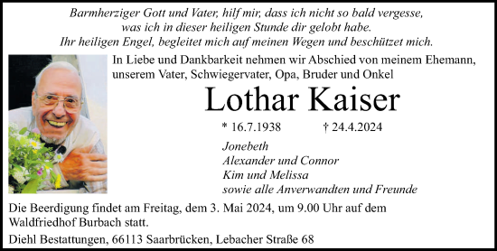 Traueranzeige von Lothar Kaiser von saarbruecker_zeitung